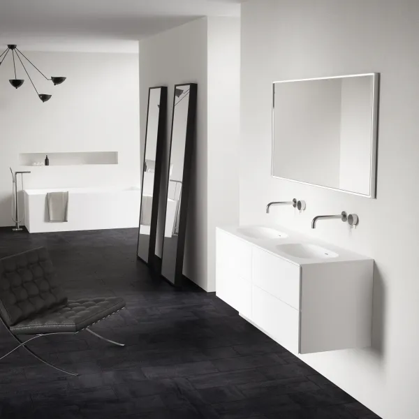Block Soft 140D - Badrumsmöbel 140x46 cm, matt vit med SolidTec® dubbelt handfat