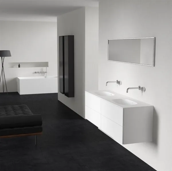 Block Soft 160D - Badrumsmöbel 160x46 cm, matt vit med SolidTec® dubbelt handfat