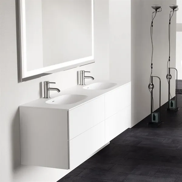 Block Soft 180D - Badrumsmöbel 180x46 cm, mattvit med SolidTec® dubbelt handfat