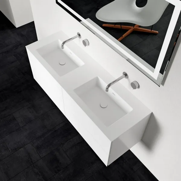 Block Soho 140D - Tvättställsskåp 140x46, mattvit med SolidTec® dubbelt handfat