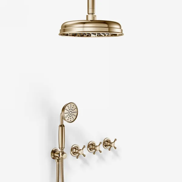 Hassel&Teudt HBR704 S02 - Duschset m/Ø21 cm. Rain DeLuxe m/EasyClean, Tak, Polerad Mässing Natur