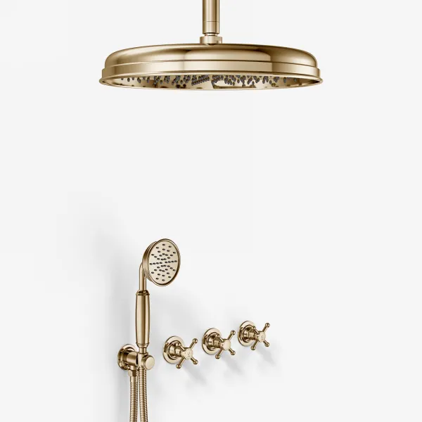 Hassel&Teudt HBR704 S04 - Duschset m/Ø31 cm. Rain DeLuxe m/EasyClean, Tak, Polerad Mässing Natur