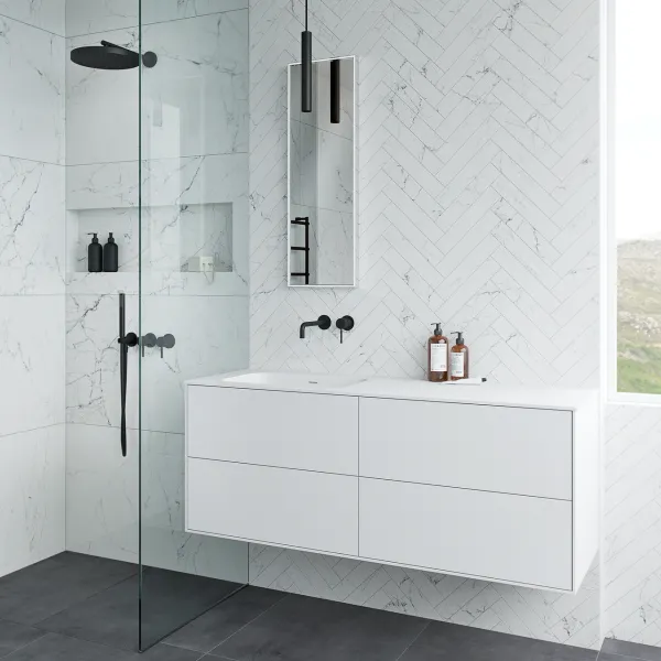 Pulcher Mood 140L Soft - Badrumsmöbel 140x46 cm, mattvit med SolidTec® handfat