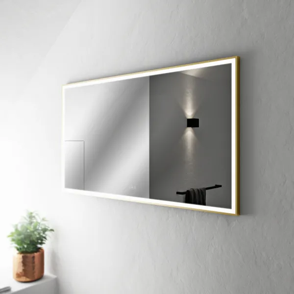 Pulcher Soho Mirror PSM-1480 - 140x80 cm. Spegel med ljus och ljusstyrning, matt mässingsfärgad ram