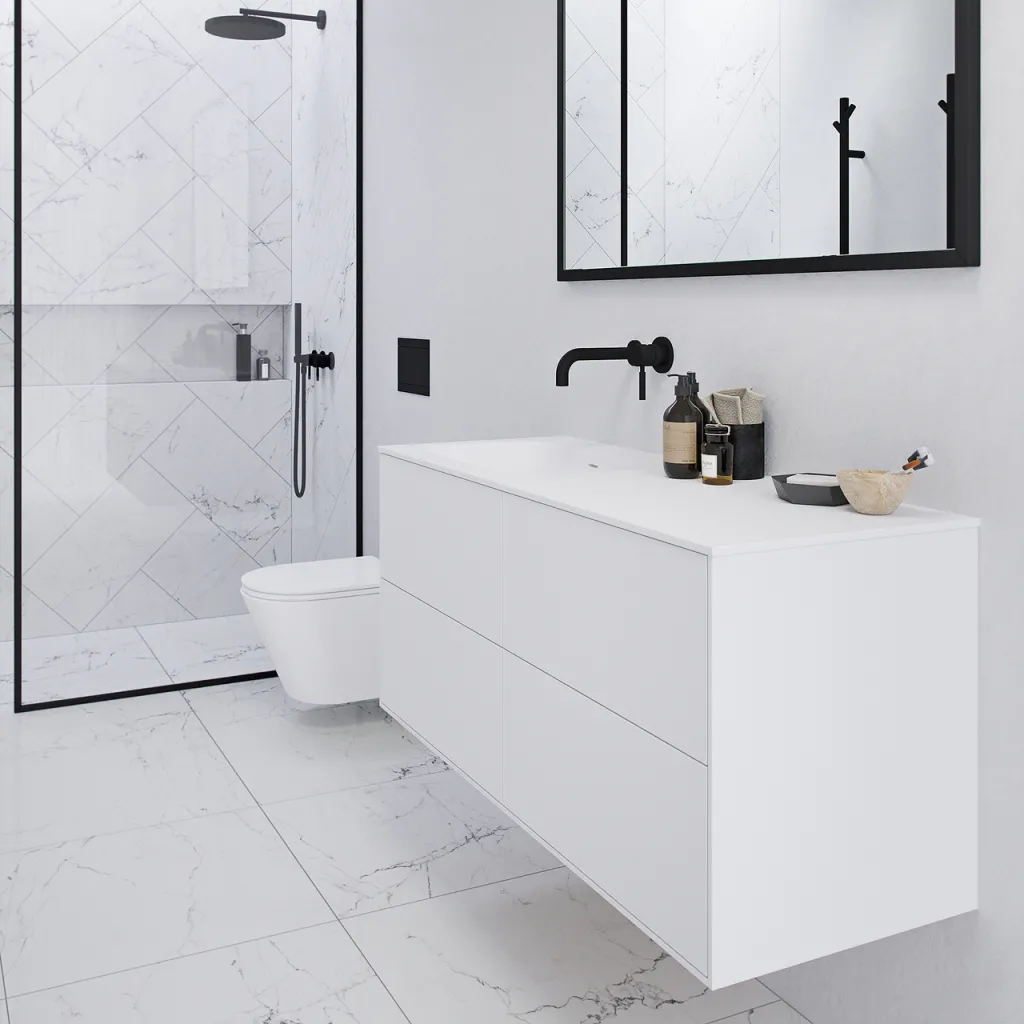 Pulcher Mood 120L Soft - Badrumsmöbel 120x46 cm, mattvit med SolidTec® handfat