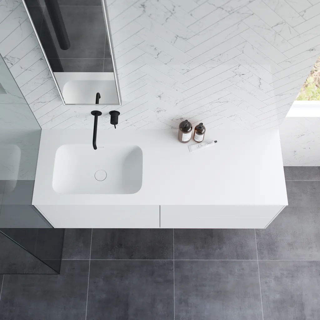 Pulcher Mood 140L Soft - Badrumsmöbel 140x46 cm, mattvit med SolidTec® handfat