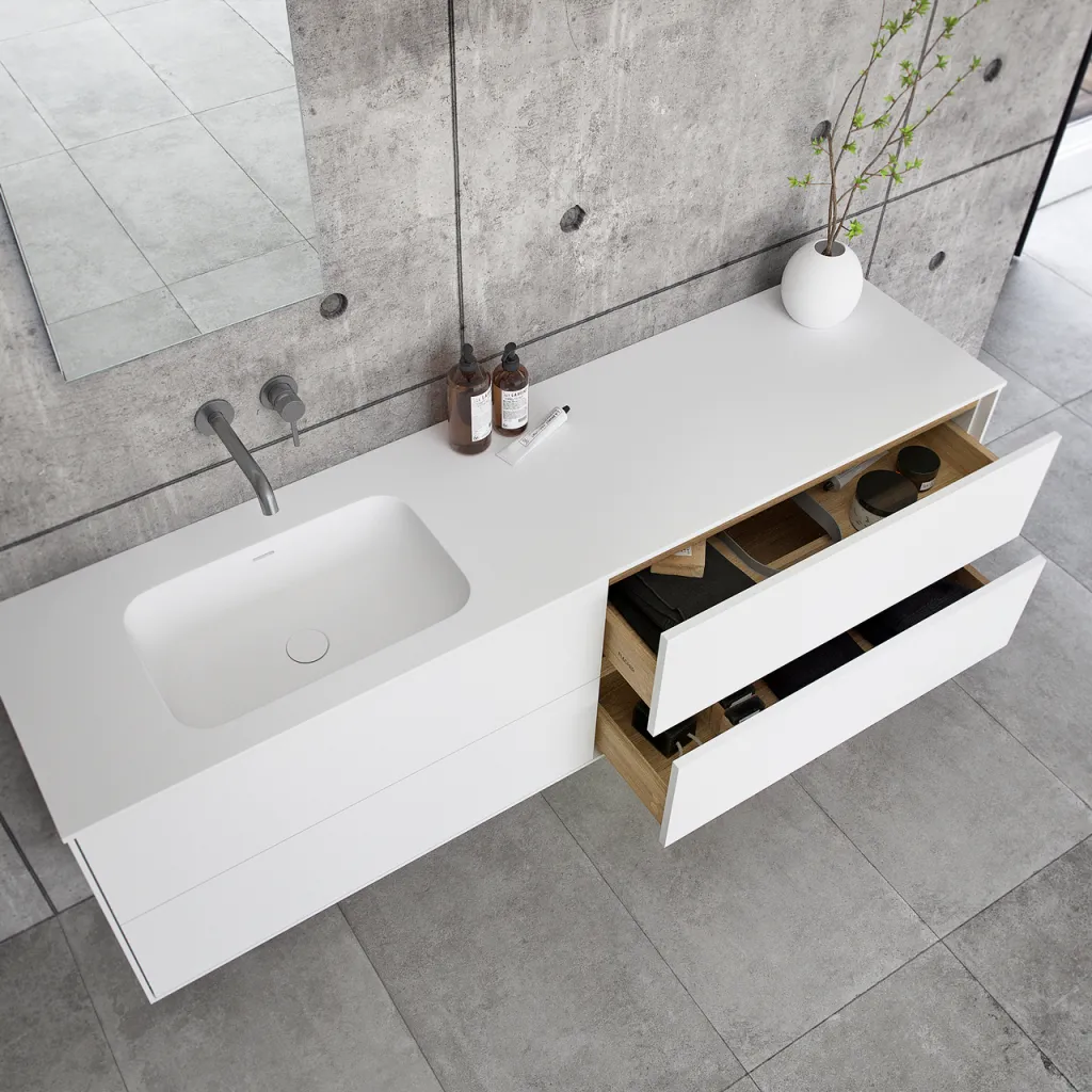 Pulcher Mood 180L Soft - Badrumsmöbel 180x46 cm, mattvit med SolidTec® handfat