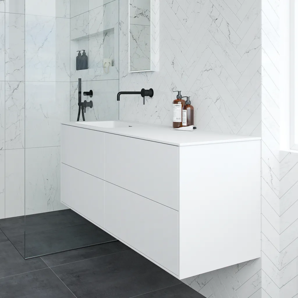 Pulcher Mood 140L Soho - Badrumsmöbel 140x46 cm, mattvit med SolidTec® handfat