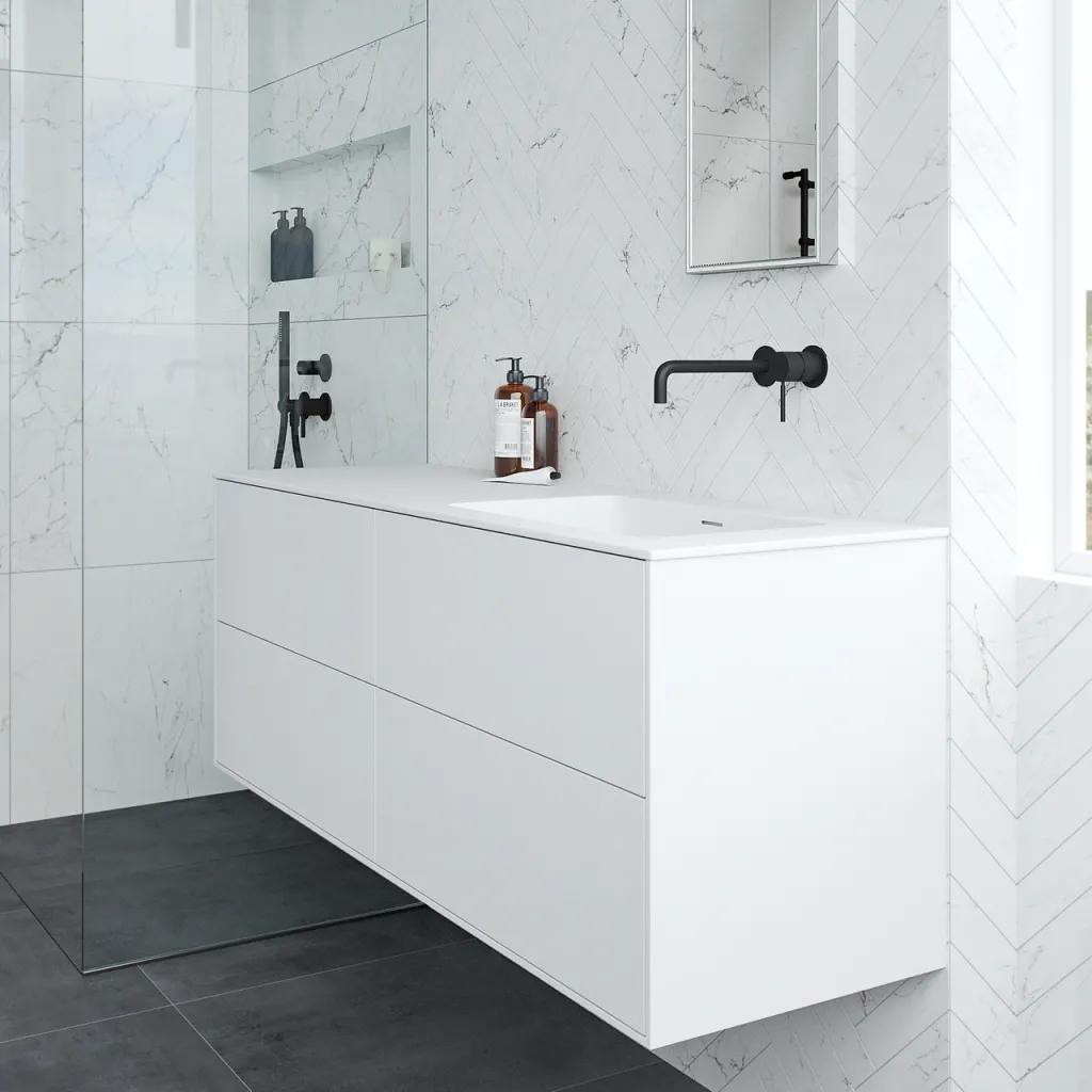 Pulcher Mood 140R Soho - Badrumsmöbel 140x46 cm, mattvit med SolidTec® handfat