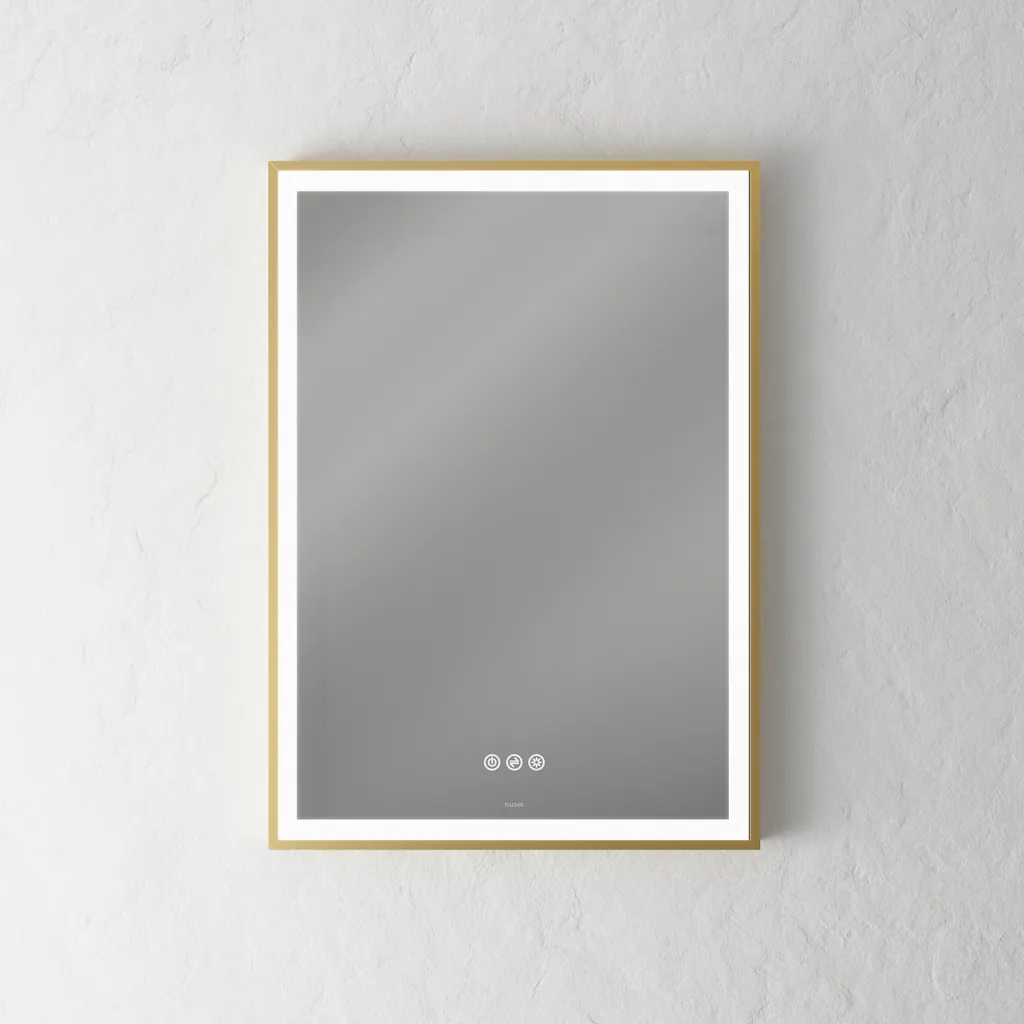 Pulcher Soho Mirror PSM-5070 - 50x70 cm. Spegel med ljus och ljusstyrning, matt mässingsfärgad ram