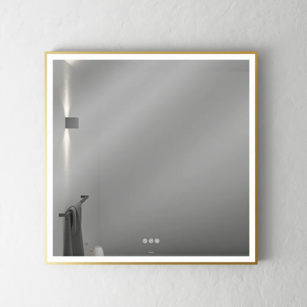 Pulcher Soho Mirror PSM-8080 - 80x80 cm. Spegel med ljus och ljusstyrning, matt mässingsfärgad ram