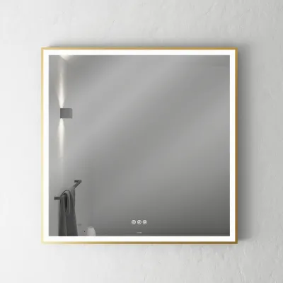 Pulcher Soho Mirror PSM-8080 - 80x80 cm. Spegel med ljus och ljusstyrning, matt mässingsfärgad ram