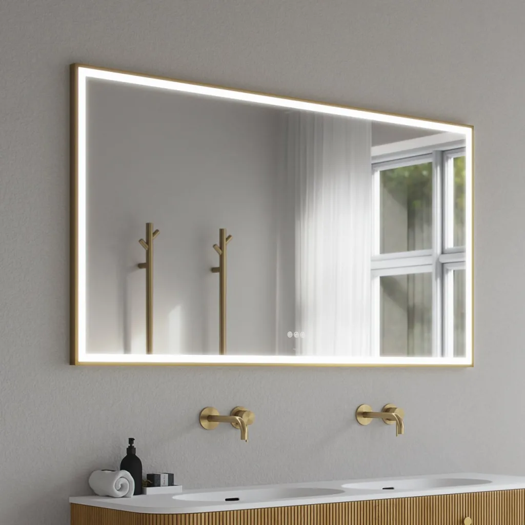 Pulcher Soho Mirror PSM-1480 - 140x80 cm. Spegel med ljus och ljusstyrning, matt mässingsfärgad ram
