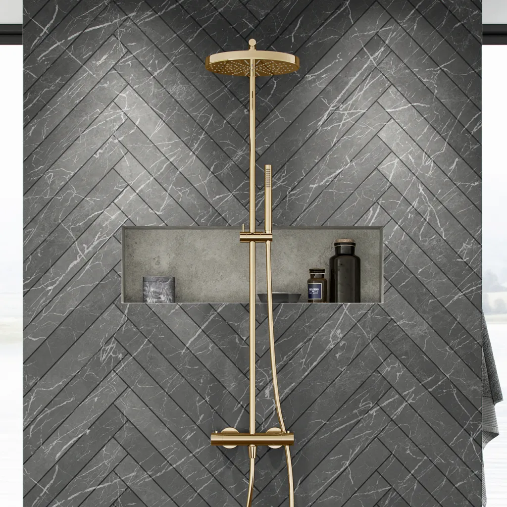 Semplice SRL10 S02 - Termostatsats, XXL Rain DeLux Ø28 m/EasyClean, Polerad mässing Natural