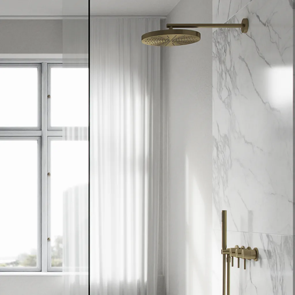 Semplice STB801 S02 - XXL Rain DeLux Ø28 cm, SmartTerm Wall, PVD Borstad Mässing