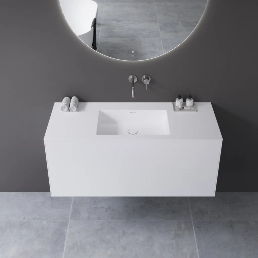 Copenhagen Chic 120 - MKII, Skåp, 2 lådor, diskho och stomme i Glacier White Corian® och fronter i mattvitt