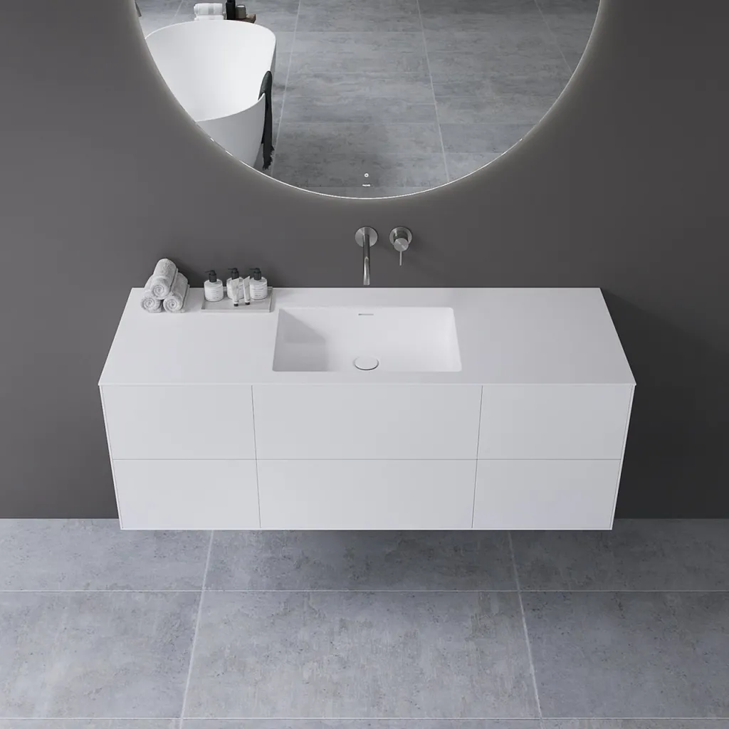 Copenhagen Chic 140 - MKII, Skåp, 6 lådor, diskho och stomme i Glacier White Corian® och fronter i mattvitt