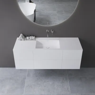 Copenhagen Chic 140 - MKII, Skåp, 6 lådor, diskho och stomme i Glacier White Corian® och fronter i mattvitt