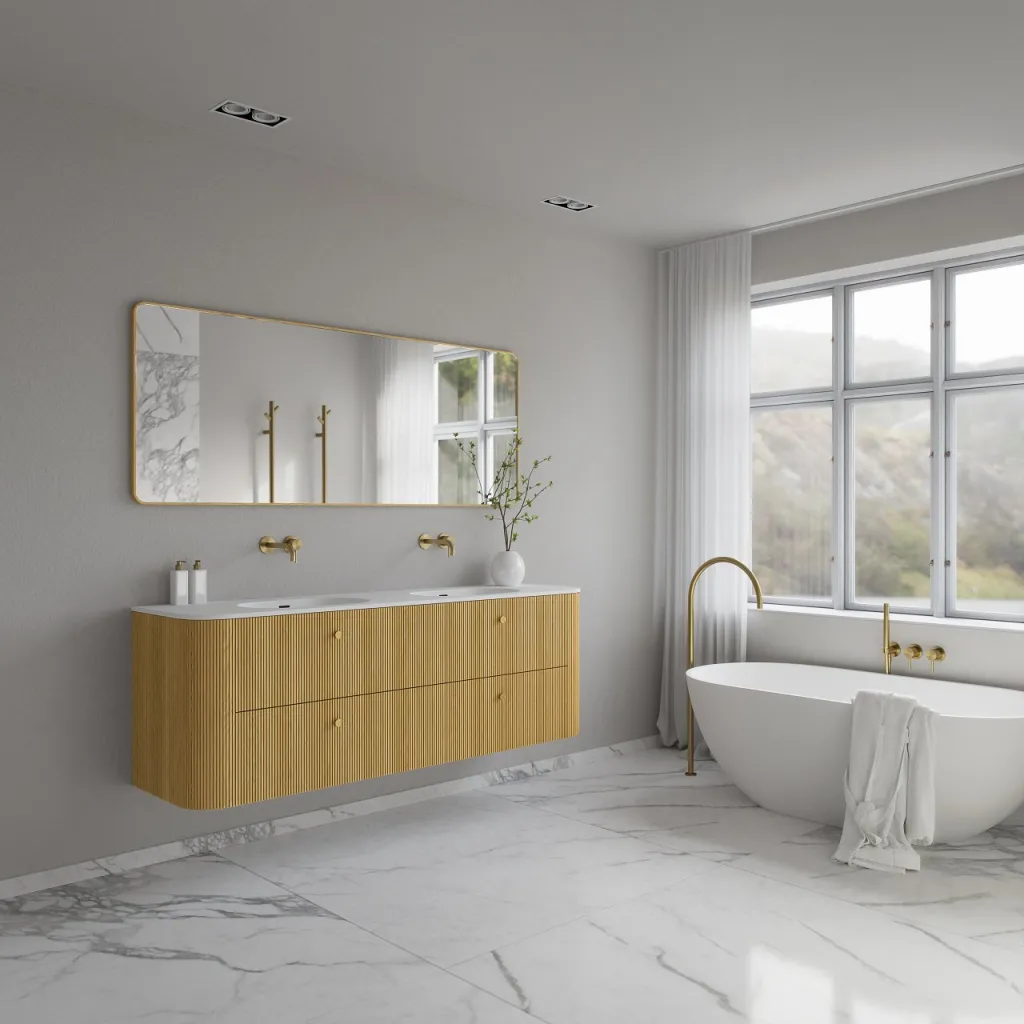 Noorwork 180D - Skåp i ljus naturek inklusive mattvit Corian® diskbänk