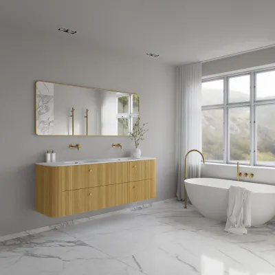 Noorwork 180D - Skåp i ljus naturek inklusive mattvit Corian® diskbänk