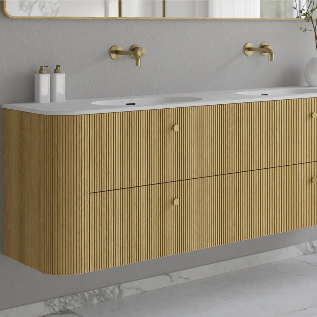 Noorwork 180D - Skåp i ljus naturek inklusive mattvit Corian® diskbänk