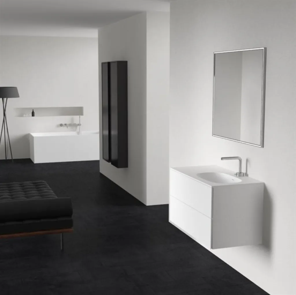 Block Soft 90R - Badrumsmöbel 90x46 cm, mattvit med SolidTec® handfat höger