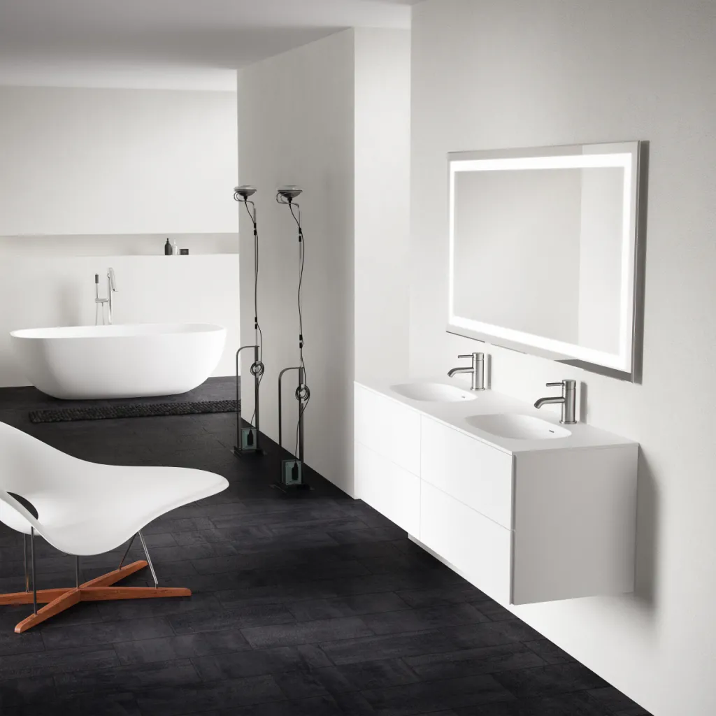 Block Soft 160D - Badrumsmöbel 160x46 cm, matt vit med SolidTec® dubbelt handfat