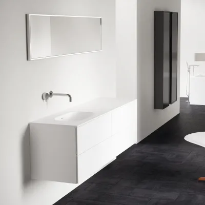 Block Soft 160L - Badrumsmöbel 160x46 cm, mattvit med SolidTec® handfat vänster