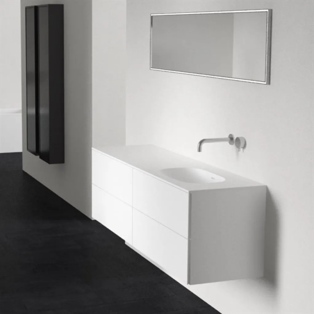 Block Soft 160R - Badrumsmöbel 160x46 cm, mattvit med SolidTec® handfat till höger