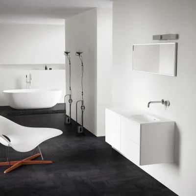 Block Soft 120R - Badrumsmöbel 120x46 cm, mattvit med SolidTec® handfat till höger
