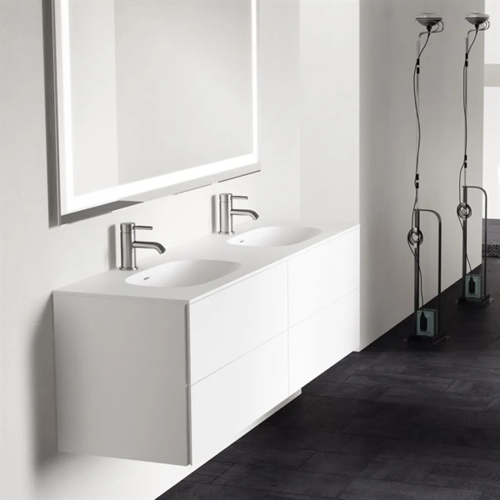 Block Soft 180D - Badrumsmöbel 180x46 cm, mattvit med SolidTec® dubbelt handfat