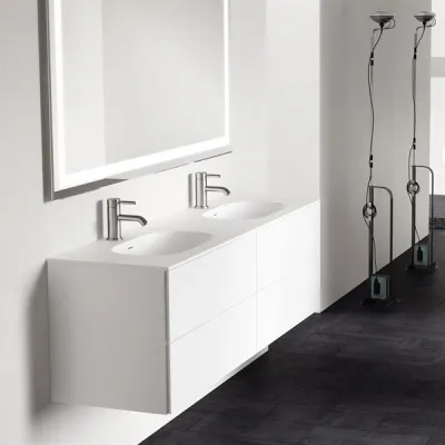 Block Soft 180D - Badrumsmöbel 180x46 cm, mattvit med SolidTec® dubbelt handfat