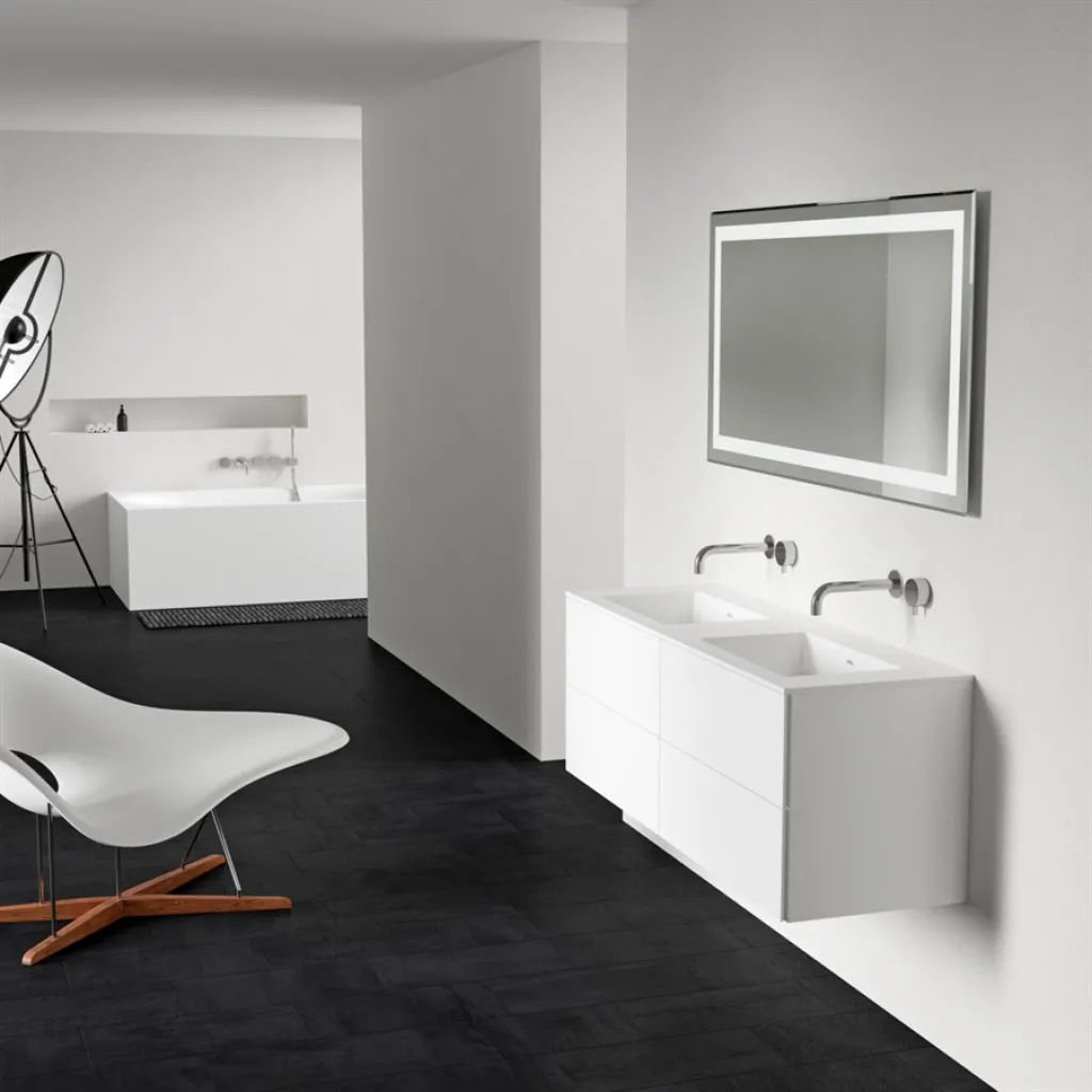 Block Soho 140D - Tvättställsskåp 140x46, mattvit med SolidTec® dubbelt handfat