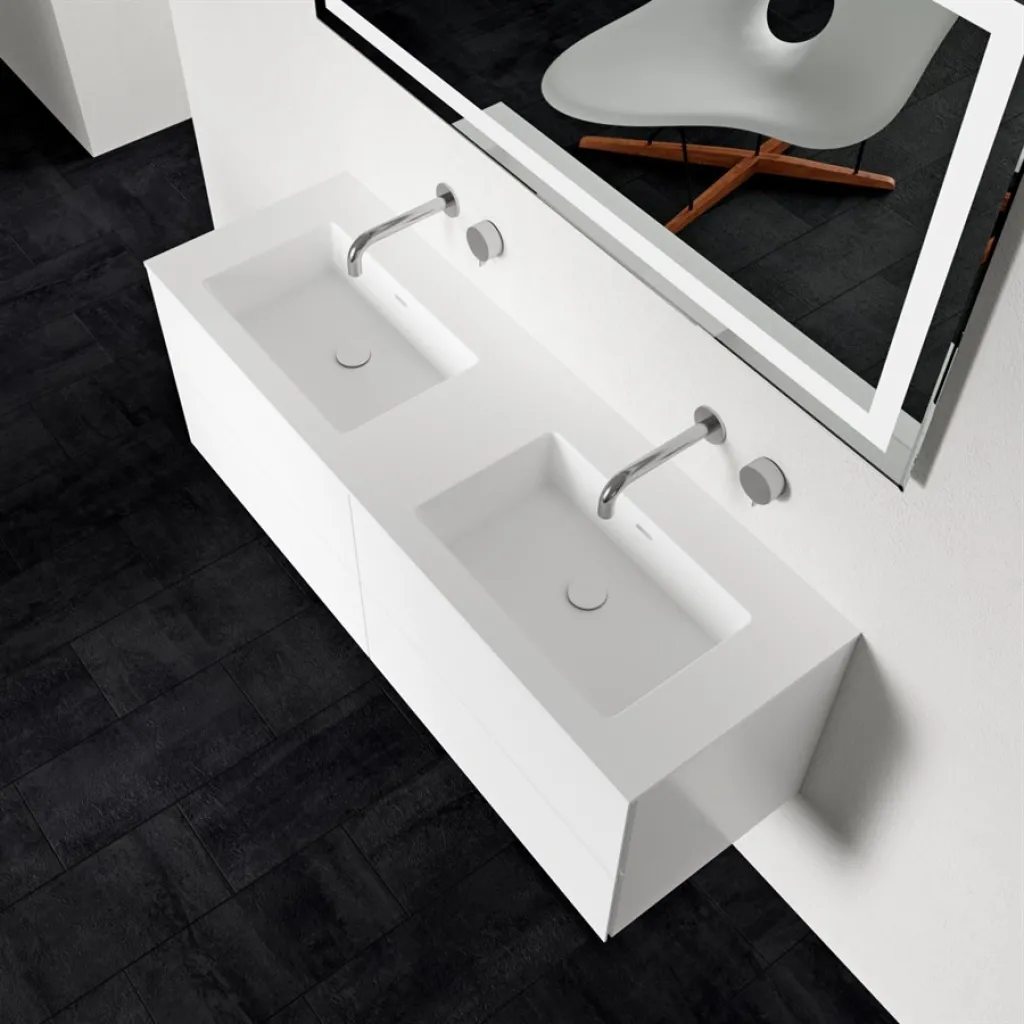 Block Soho 140D - Tvättställsskåp 140x46, mattvit med SolidTec® dubbelt handfat