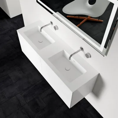 Block Soho 140D - Tvättställsskåp 140x46, mattvit med SolidTec® dubbelt handfat