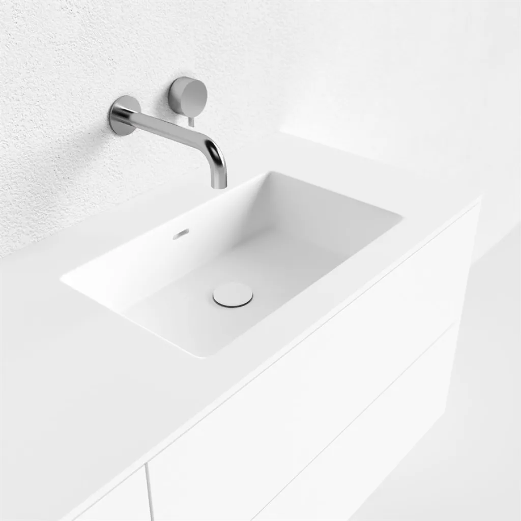 Block Soho 140D - Tvättställsskåp 140x46, mattvit med SolidTec® dubbelt handfat