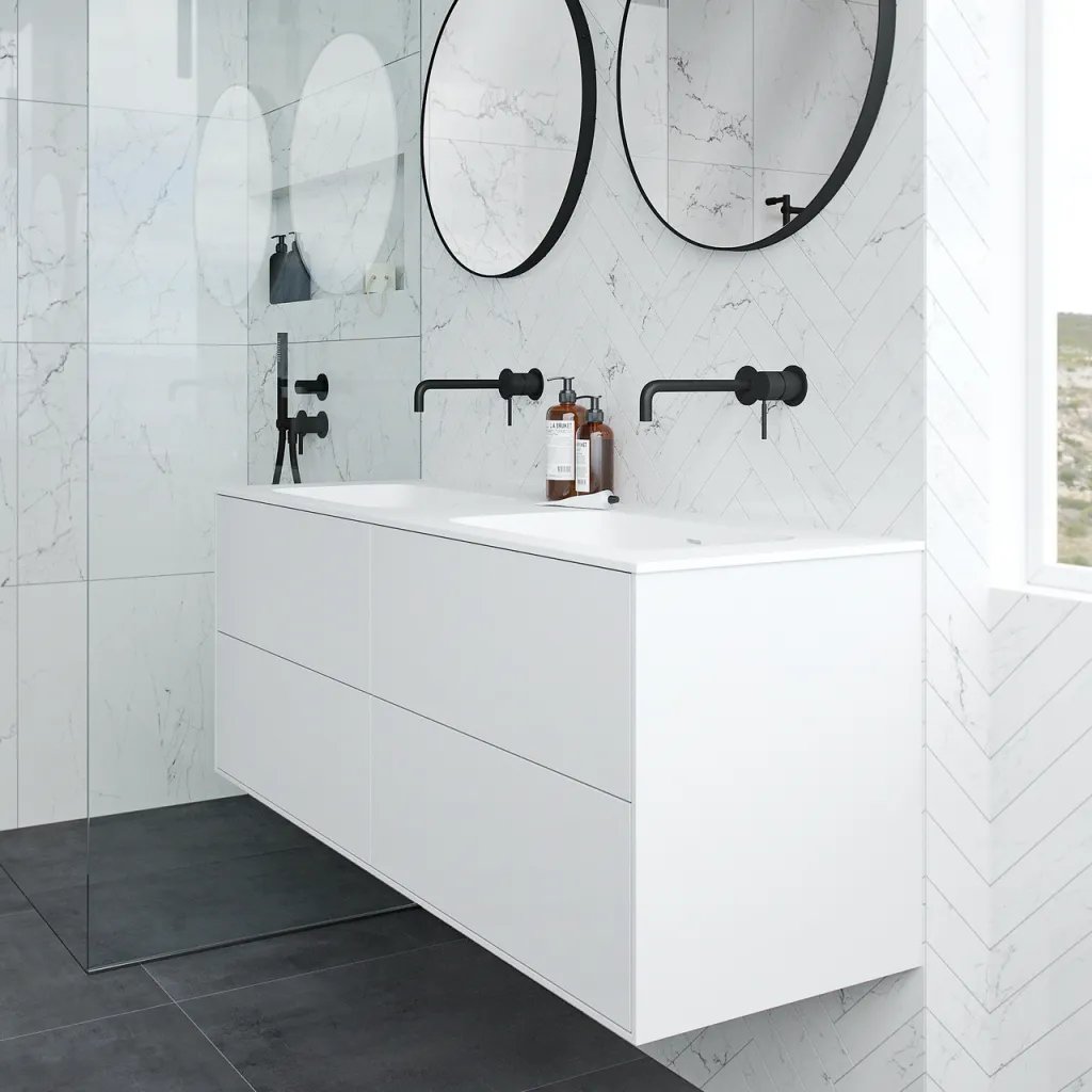 Pulcher Mood 140D Soft - Badrumsmöbel 140x46 cm, matt vit med SolidTec® handfat