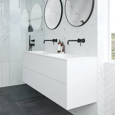 Pulcher Mood 140D Soft - Badrumsmöbel 140x46 cm, matt vit med SolidTec® handfat
