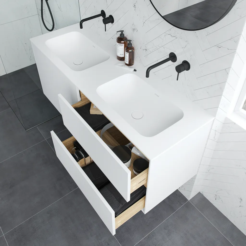 Pulcher Mood 140D Soft - Badrumsmöbel 140x46 cm, matt vit med SolidTec® handfat