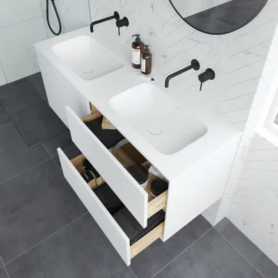 Pulcher Mood 140D Soft - Badrumsmöbel 140x46 cm, matt vit med SolidTec® handfat