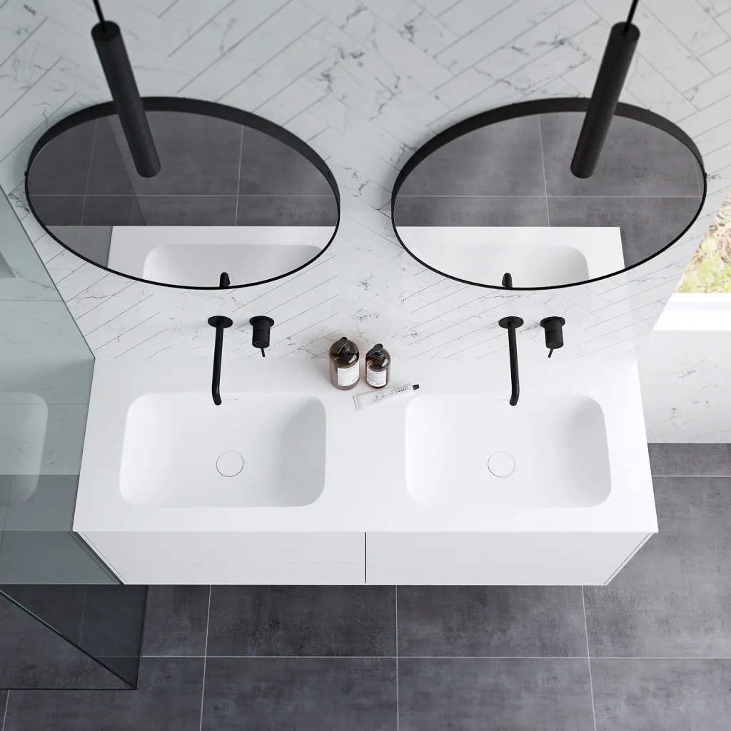 Pulcher Mood 140D Soft - Badrumsmöbel 140x46 cm, matt vit med SolidTec® handfat